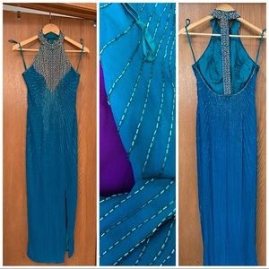 Vintage Blue-Green Beaded Halter Long Gown